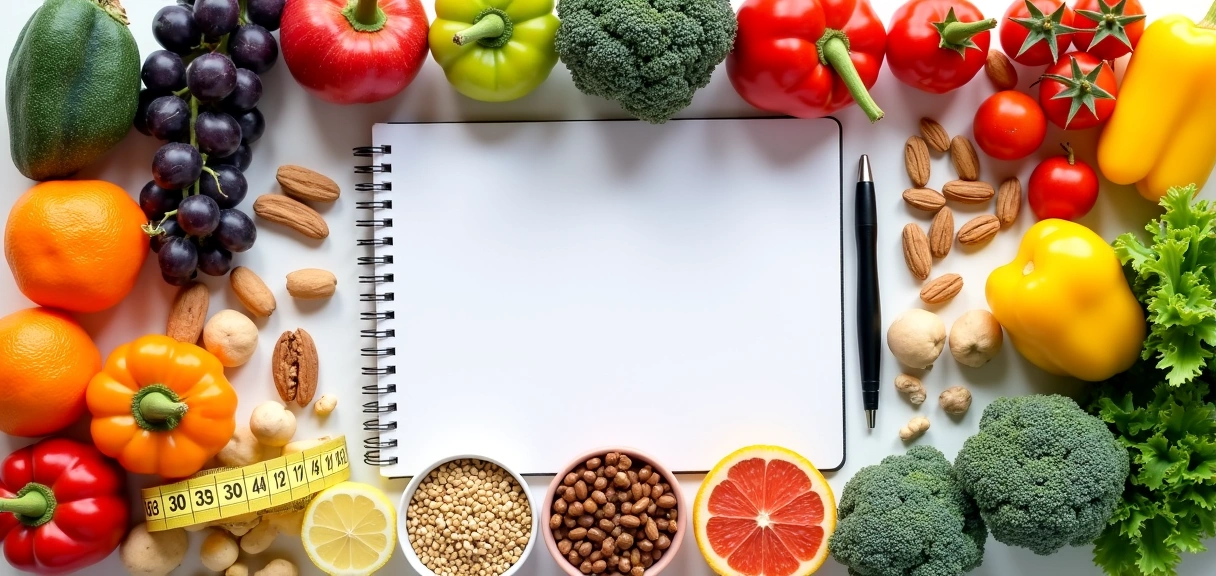 Różnorodne, zdrowe jedzenie i narzędzia dietetyka